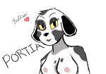  &lt;3 animal_crossing anthro black_eyes breasts canid canine canis clothed clothing cute_fangs dalmatian dialogue domestic_dog female looking_at_viewer mammal nintendo open_mouth portia_(animal_crossing) simple_background solo talking_to_viewer thedelcattyman topless topless_female video_games white_background yellow_sclera 