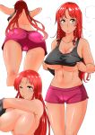  1girl abs ass bare_shoulders black_tank_top blush braid breasts closed_mouth collarbone eyebrows_visible_through_hair from_below green_eyes highres hong_meiling large_breasts lifted_by_self long_hair looking_at_viewer multiple_views navel no_bra one_eye_closed panties purple_shorts red_hair shiny shiny_hair shiraue_yuu shorts simple_background standing sweat tan tank_top tank_top_lift touhou underboob underwear white_background white_panties 