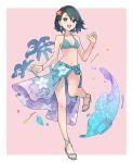  1girl :d bangs bare_shoulders bikini breasts cleavage dark_blue_hair earrings eyes feet highres jewelry looking_at_viewer medium_breasts open_mouth original otomika palm_tree sandals sarong short_hair simple_background smile solo swimsuit toes tree 
