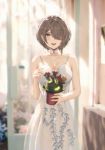  1girl bare_shoulders blurry blurry_background blush breasts brown_hair choker cleavage commentary_request cowboy_shot day depth_of_field dress earrings eleaaa hair_over_one_eye happy highres holding holding_plant honkai_(series) honkai_impact_3rd indoors jewelry looking_at_viewer plant potted_plant print_dress purple_eyes rita_rossweisse solo standing strapless strapless_dress sunlight twitter_username white_choker white_dress 