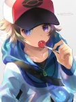  1boy artist_name bag baseball_cap blue_jacket brown_hair candy collarbone commentary_request eating food hand_up hat holding holding_stick hood hood_down jacket kokoroko lens_flare lollipop looking_to_the_side poke_ball_print pokemon pokemon_(game) pokemon_bw shoulder_bag solo stick touya_(pokemon) zipper_pull_tab 