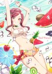  1girl alternate_hairstyle armpits arms_up bare_legs bikini blush bracelet breasts bubble cherry collarbone cross-laced_bikini_top deadnooodles english_text food frill_trim fruit grapes hair_ornament hairclip highres idolmaster idolmaster_shiny_colors jewelry kiwifruit layered_bikini lemon lemon_slice looking_at_viewer medium_breasts melon navel necklace oosaki_amana orange_bikini pineapple red_hair side-tie_bikini sidelocks sleeveless smile solo strawberry swimsuit underwater water watermelon white_bikini yellow_eyes 