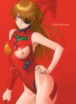  1girl asymmetrical_clothes blue_eyes blush bodysuit breasts evangelion:_2.0_you_can_(not)_advance evangelion:_3.0_you_can_(not)_redo eyepatch hair_ornament hand_on_hip leotard long_hair neon_genesis_evangelion orange_hair rebuild_of_evangelion red_background red_bodysuit shikinami_asuka_langley simple_background solo souryuu_asuka_langley standing watanabe_yasuaki weapon 