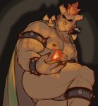  1boy abs bara bowser bracelet bulge cape chest fire highres horns jewelry male_focus mario_(series) muscle necklace nipples orange_eyes orange_hair pectorals personification ruisselait shirtless solo spikes thick_thighs thighs 