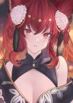  1girl animal_ears anthuria bangs bare_shoulders betabeet black_kimono blush breasts cleavage erune granblue_fantasy hair_between_eyes hair_ornament highres japanese_clothes kimono large_breasts long_hair looking_at_viewer off_shoulder parted_lips red_eyes red_hair sidelocks tassel 