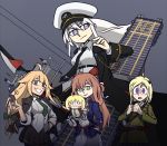  0w0 5girls ahoge american_flag_neckwear aviator_sunglasses azur_lane bangs black_coat black_neckwear blonde_hair blush_stickers bow_(weapon) breasts brown_hair coat cowboy_shot crossover english_commentary enterprise_(azur_lane) flight_deck girls_frontline gloves green_eyes green_neckwear hair_between_eyes haonfest_art hat helltaker highres holding holding_bow_(weapon) holding_eyewear holding_weapon jacket large_breasts long_hair looking_at_viewer m1903_springfield_(girls_frontline) m1911_(girls_frontline) m1918_bar_(girls_frontline) m3_grease_gun_(girls_frontline) military military_uniform miniskirt multiple_girls necktie open_clothes open_jacket parody peaked_cap pleated_skirt purple_eyes shirt sidelocks silver_hair skirt smile sunglasses thighhighs uniform very_long_hair weapon white_shirt 