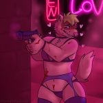  &lt;3 1:1 alley anthro blood blood_on_clothing blood_on_face bodily_fluids city clothed clothing crazed_look domestic_ferret female freshly_uprooted gun gun_smoke handgun hi_res lingerie mammal mustela mustelid musteline neon_lights pistol ranged_weapon solo weapon 