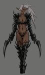  1girl abs armor bikini bikini_armor breasts cleavage collarbone commentary_request dark_elf dark_skin drill_(emilio) ear_piercing elf full_body gauntlets grey_background hair_over_one_eye high_heels highres holding holding_sword holding_weapon leg_armor long_hair looking_at_viewer medium_breasts midriff navel neck_tattoo original piercing pointy_ears ponytail pubic_tattoo red_eyes simple_background solo standing swimsuit sword tattoo thigh_tattoo weapon white_hair 