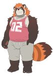 2020 anthro bottomwear brown_body brown_fur bulge canid canine clothing fur kemono male mammal nipples overweight overweight_anthro overweight_male pants raccoon_dog rossciaco shirt simple_background solo tanuki topwear white_background 