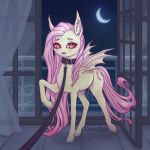  1:1 balcony bat_pony collar cutie_mark equid female feral first_person_view flutterbat_(mlp) fluttershy_(mlp) friendship_is_magic fur hasbro hi_res inner_ear_fluff inside leash leash_pull leashing_pov looking_at_viewer lunarlacepony mammal mane moon my_little_pony night pink_mane pink_tail raised_hoof red_eyes solo submissive submissive_female text tuft yellow_body yellow_fur 
