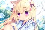  1girl :d \m/ animal_ear_fluff animal_ears azumi_kazuki bangs black_bow blonde_hair blue_flower blue_kimono blurry blurry_background blush bow cat_ears checkered commentary_request day depth_of_field eyebrows_visible_through_hair fang floral_print flower hair_between_eyes hair_bow hand_up hydrangea japanese_clothes kimono knees_up long_hair looking_at_viewer open_mouth original outdoors print_kimono purple_eyes rain smile solo transparent transparent_umbrella two_side_up umbrella 