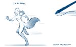  2020 anthro blue_and_white breaking_the_fourth_wall canid canine casual_nudity conditional_dnp dialogue digitigrade dipstick_tail ears_back english_text fox gloves_(marking) hi_res humor keidran leg_markings looking_back male mammal markings mike_(twokinds) monochrome multicolored_tail nude open_mouth pawpads pen pivoted_ears running scared simple_background sketch socks_(marking) solo speed_lines text tom_fischbach twokinds webcomic white_background yelling 