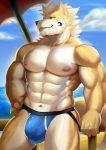  absurd_res anthro beach black_sclera bulge canid canine clothing fur hi_res jockstrap kult2k male mammal muscular muscular_anthro muscular_male nipples pupils seaside solo tongue tongue_out underwear yellow_body yellow_fur yellow_pupils 