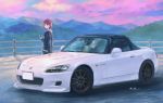  1girl bangs brown_eyes car denim denim_jacket drink ground_vehicle highres holding holding_drink honda honda_s2000 looking_to_the_side momo_hiki motor_vehicle mountain original personification red_hair short_hair vehicle_focus 