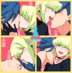  2boys bhh4321 blue_eyes blue_hair choker closed_eyes forehead_kiss french_kiss galo_thymos green_hair highres kiss lio_fotia male_focus multiple_boys one_eye_closed promare purple_eyes smile spiked_hair yaoi 