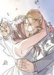  1boy 1girl armpit_crease arms_around_neck back backlighting bare_arms bare_shoulders beard beige_background blackfoxes blonde_hair blue_background breasts bridal_veil brown_hair cheek-to-cheek closed_eyes closed_mouth couple daisy dress earrings eyebrows_visible_through_hair facial_hair fingernails flower formal fullmetal_alchemist glasses gradient gradient_background grey_background hair_over_shoulder half-closed_eyes hand_on_another&#039;s_head hand_on_another&#039;s_hip hand_up happy head_wreath hetero highres hug husband_and_wife jewelry jitome lips long_hair looking_down medium_breasts pearl_earrings petals shoulder_blades sideboob simple_background smile straight_hair strapless strapless_dress suit trisha_elric van_hohenheim veil wedding_dress white_background white_dress white_flower white_suit 