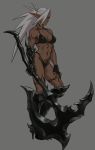  1girl abs armor axe bikini bow_(weapon) breasts cleavage collarbone commentary_request dark_elf dark_skin drill_(emilio) ear_piercing elf fingerless_gloves full_body gauntlets gloves grey_background hair_over_one_eye high_heels highres holding holding_axe holding_weapon leg_armor long_hair looking_at_viewer medium_breasts midriff navel neck_tattoo original piercing pointy_ears ponytail pubic_tattoo red_eyes simple_background solo standing swimsuit tattoo thigh_tattoo weapon white_hair 