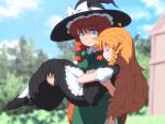  2girls black_footwear black_skirt black_vest blonde_hair blue_sky blurry blurry_background braid carrying cloud commentary_request day eyebrows_visible_through_hair green_eyes green_skirt green_vest hat headwear_switch hong_meiling kirisame_marisa light_smile long_hair looking_at_another multiple_girls outdoors pantyhose parted_lips princess_carry puffy_short_sleeves puffy_sleeves red_hair shirosato shirt short_sleeves single_braid skirt sky sleeping touhou tree twin_braids very_long_hair vest white_legwear white_shirt witch_hat 