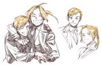  1013_1014rt 2boys :d ^_^ ahoge alphonse_elric arm_around_neck arm_behind_back bangs blonde_hair blush brothers clenched_hand clenched_teeth closed_eyes coat collared_coat collared_shirt cropped_shoulders cropped_torso dress_shirt edward_elric eyebrows_visible_through_hair facing_viewer fingernails fullmetal_alchemist hand_on_another&#039;s_shoulder happy high_ponytail highres holding_hands jacket laughing light_smile looking_afar looking_at_viewer male_focus monochrome multiple_boys necktie open_clothes open_jacket open_mouth ponytail shaded_face shiny shiny_hair shirt siblings simple_background smile spot_color swept_bangs teeth vest white_background yellow_theme 