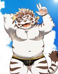  2020 anthro belly blue_eyes blush bulge clothing cute_fangs eyewear felid fur glasses humanoid_hands kemono licho_(tas) male mammal moobs navel nipples one_eye_closed overweight overweight_anthro overweight_male pantherine rossciaco solo swimwear tiger tokyo_afterschool_summoners video_games white_body white_fur wink 