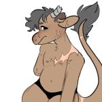  1:1 2020 amputee anthro big_tail biped blush bottomwear bovid bovine broken_horn brown_body brown_fur cattle cheek_tuft chest_tuft clothed clothing digital_media_(artwork) disability ear_tuft facial_tuft female flat_chested fur hair hi_res horn looking_at_viewer mammal manitka manitka_(character) navel nipples panties scar simple_background solo topless tuft underwear 
