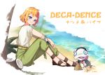  1girl absurdres character_name copyright_name creature dated decadence_(anime) highres looking_down natsume_(decadence) orange_hair pipe_(decadence) prosthesis prosthetic_arm rn9 sand_castle sand_sculpture sitting smile 