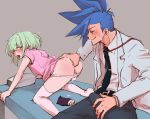  2boys all_fours anal anal_fingering androgynous aus_vaka belt blue_eyes blue_hair blush bulge commentary_request fingering formal galo_thymos green_hair hand_on_own_penis highres jacket lio_fotia lubrication moaning multiple_boys necktie panties panty_pull pink_eyes pink_shirt promare shirt spiked_hair suit sweat thighhighs underwear white_legwear white_shirt yaoi 