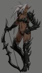  1girl abs armor bikini bikini_armor bow_(weapon) breasts cleavage collarbone commentary_request dark_elf dark_skin drill_(emilio) ear_piercing elf full_body gauntlets grey_background hair_over_one_eye high_heels highres holding holding_bow_(weapon) holding_weapon leg_armor long_hair looking_at_viewer medium_breasts midriff navel neck_tattoo original piercing pointy_ears ponytail pubic_tattoo red_eyes simple_background solo standing swimsuit tattoo thigh_tattoo weapon white_hair 