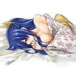  1girl bangs bed_sheet blue_hair bow breasts brown_eyes cleavage collarbone eden&#039;s_zero eyebrows_visible_through_hair floral_print hair_bow homura_kogetsu japanese_clothes kimono long_hair lying mashima_hiro medium_breasts off_shoulder official_art on_side parted_lips ponytail print_kimono shiny shiny_hair signature solo white_background white_kimono yellow_bow 