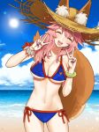  1girl animal_ear_fluff animal_ears bangs bare_shoulders beach bikini blue_bikini blue_sky blush bracelet breasts cleavage closed_eyes collarbone double_v ears_through_headwear fate/grand_order fate_(series) fox_ears fox_girl fox_tail hair_between_eyes hat jewelry large_breasts long_hair merokonbu0 ocean open_mouth pink_hair shore sidelocks sky smile straw_hat sunlight swimsuit tail tamamo_(fate)_(all) tamamo_no_mae_(swimsuit_lancer)_(fate) thighs v 