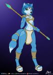  2020 aistarin anthro blue_body blue_fur blue_hair breasts canid canine clothed clothing female fox fur green_eyes hair hi_res holding_object holding_weapon krystal looking_at_viewer mammal melee_weapon nintendo polearm purple_background signature simple_background smile solo spear standing star_fox teeth video_games weapon 