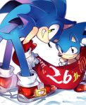  13:16 2017 anniversary anthro banner biped black_eyes blue_body blue_fur classic_sonic classic_sonic_(universe) clothing duo eulipotyphlan footwear fur gloves green_eyes grin handwear hedgehog holding_object looking_at_viewer male mammal shoes simple_background smile sonic_the_hedgehog sonic_the_hedgehog_(series) square_crossover standing weon1119 white_background 
