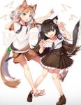  2girls animal_ear_fluff animal_ears ankle_boots arms_up bangs black_hair black_neckwear boots bracelet brown_footwear brown_hair brown_shorts brown_skirt cat_ears cat_tail claw_pose commentary_request contrapposto fangs fingernails gradient_hair green_eyes green_nails gunjou_row hair_ribbon highres jewelry long_hair loose_necktie multicolored_hair multiple_girls nail_polish necktie nyan original outstretched_arm paw_print petticoat red_hair ribbon sandals sharp_fingernails shirt shorts simple_background skirt slit_pupils standing swept_bangs tail tail_ribbon very_long_hair white_background white_hair white_shirt yellow_eyes yellow_nails 