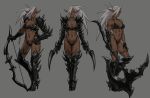  1girl abs armor axe bikini bikini_armor bow_(weapon) breasts cleavage collarbone commentary_request dark_elf dark_skin drill_(emilio) dual_wielding ear_piercing elf fingerless_gloves full_body gauntlets gloves grey_background hair_over_one_eye high_heels highres holding holding_axe holding_bow_(weapon) holding_sword holding_weapon leg_armor long_hair looking_at_viewer medium_breasts midriff multiple_views navel neck_tattoo original piercing pointy_ears ponytail pubic_tattoo red_eyes simple_background standing swimsuit sword tattoo thigh_tattoo weapon white_hair 
