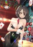  1girl animal_ears bangs bare_shoulders between_breasts black_hair blurry_foreground blush breasts brown_eyes bunny_ears bunnysuit casino_card_table cleavage covered_navel detached_collar fake_animal_ears hair_between_eyes hair_tie highres large_breasts leotard long_hair looking_at_viewer lying medium_hair necktie necktie_between_breasts on_side original pantyhose parted_lips pink_lips roulette_table sidelocks smile solo strapless strapless_leotard teddy_(khanshin) wrist_cuffs 