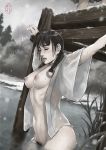  1girl asano_rin black_hair blade_of_the_immortal blush braid breasts closed_eyes dakushido highres long_hair medium_breasts navel nipples open_mouth outdoors outstretched_arms partially_submerged pubic_hair restrained snowing solo solo_focus twin_braids 