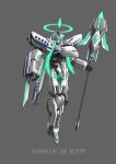  absurdres clenched_hands floating glowing glowing_hair green_eyes green_hair halo highres holding holding_staff looking_down mecha mechanization no_humans original shinkansen shinkansen_henkei_robo_shinkalion staff trainjun vehicle_name 