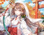  1girl bell brown_eyes brown_hair chihaya_(clothing) hair_ornament hakama japanese_clothes jingle_bell kagura_suzu leaf miko momoko_(momopoco) open_mouth original ponytail shrine sky smile solo torii tree 