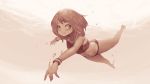  1girl air_bubble bangs bare_legs bare_shoulders barefoot bikini boku_no_hero_academia bracelet breasts brown_eyes brown_hair bubble collarbone commentary diving full_body highres jewelry looking_at_viewer navel rou_(rou22) sepia short_hair small_breasts solo swimsuit underwater uraraka_ochako water 