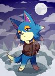  2020 :&lt; animal_crossing anthro barefoot big_ears black_eyes black_nose blue_body blue_ears blue_fur blue_tail bottomless canid canine canis clothed clothing cloud dracooties eyelashes featureless_crotch fog forest fur half-closed_eyes jacket looking_away male mammal moon multicolored_body multicolored_fur multicolored_tail narrowed_eyes night nintendo pose shirt sky solo standing tan_body tan_fur tan_tail topwear tree video_games wolf wolfgang_(animal_crossing) 