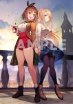  atelier_(series) atelier_ryza atelier_ryza_2 bare_legs black_footwear black_hairband black_legwear blonde_hair blue_skirt blurry blurry_background boots braid brown_eyes brown_hair casual coat disolia drinking_straw earrings full_body hairband high-waist_shorts high_ponytail highres holding_hand jewelry klaudia_valentz long_hair long_sleeves official_art open_mouth pantyhose plaid plaid_skirt red_shorts reisalin_stout sample short_hair short_shorts shorts skirt star_(symbol) star_earrings thick_thighs thighs toridamono tower watermark white_legwear yellow_eyes 