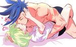 2boys bhh4321 blue_hair blush closed_eyes galo_thymos green_hair hair_grab heart kiss lio_fotia multiple_boys on_bed onomatopoeia promare simple_background smile spiked_hair white_background yaoi 