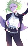  1boy belt bhh4321 collared_shirt earrings formal green_eyes green_hair hands_in_pockets highres jewelry lio_fotia looking_at_viewer necktie pants promare purple_eyes shirt simple_background smile solo suit white_background white_shirt 