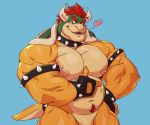  &lt;3 anthro blue_background body_hair bowser cheschirebacon clothing fingerless_gloves gesture gloves hair handwear happy_trail hi_res koopa looking_at_viewer male mario_bros musclegut muscular muscular_anthro muscular_male nintendo nude orange_body pubes red_hair scalie simple_background solo thumbs_up video_games 