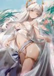  1girl animal_ear_fluff animal_ears arknights bangs bikini breasts brown_eyes covered_nipples eyebrows_visible_through_hair eyyy highres horse_ears laurel_crown light_smile long_hair looking_at_viewer midriff navel platinum_(arknights) sash see-through solo standing stomach swimsuit thighlet thighs very_long_hair white_bikini white_hair 