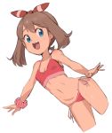  1girl blue_eyes breasts brown_hair hair_ribbon haruka_(pokemon) long_hair looking_at_viewer nyonn24 open_mouth pokemon pokemon_(game) pokemon_oras ribbon simple_background small_breasts smile solo swimsuit white_background 