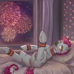  1:1 anus arm_cuffs bed bell blush collar cutie_mark dock equid equine fan_character female feral fireworks fur furniture genitals hasbro holidays inner_ear_fluff jingle_bell leg_cuffs looking_at_viewer lunarlacepony lying mammal mane my_little_pony new_year on_back on_bed pink_mane pink_tail pussy solo striped_body striped_fur stripes tongue tongue_out tuft underhoof white_body white_fur window yellow_eyes zebra 