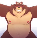  2020 anthro belly black_nose blush brown_body brown_fur eyes_closed fur leonthelionel male mammal moobs nipples overweight overweight_anthro overweight_male simple_background solo ursid white_background 