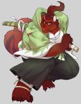 2020 absurd_res anthro canid canine clothing hi_res kemono lucusold male mammal overweight overweight_anthro overweight_male raccoon_dog robe simple_background solo tanuki weapon 