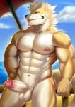  absurd_res anthro balls beach black_sclera canid canine erection fur genitals hi_res kult2k male mammal muscular muscular_anthro muscular_male nipples pupils seaside solo tongue tongue_out yellow_body yellow_fur yellow_pupils 